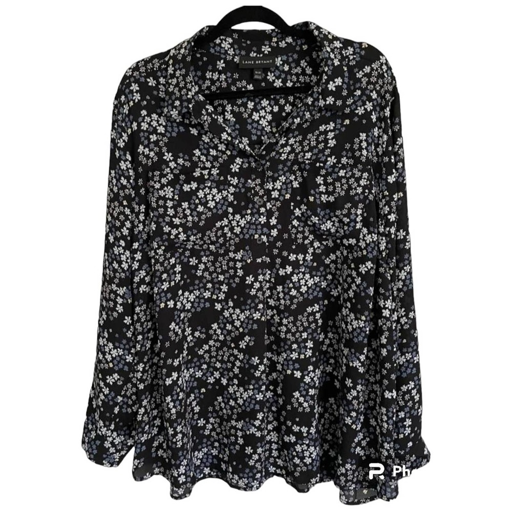 Lane Bryant Top Womens 18/20 5 Button Black Floral Career Work Roll Tab Sleeve